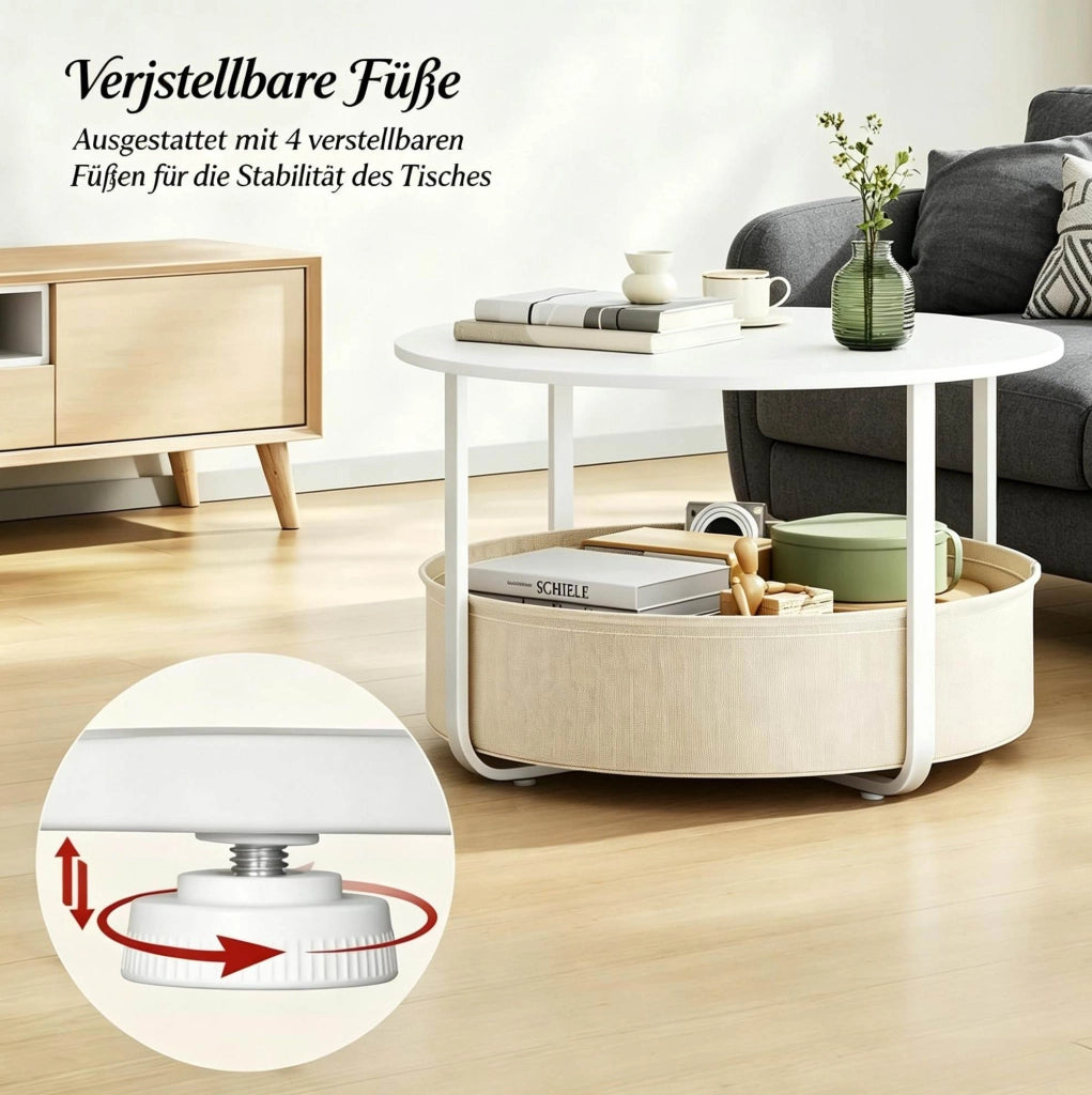 Tavolino rotondo con cestino in canvas Ø 80 cm beige e bianco
