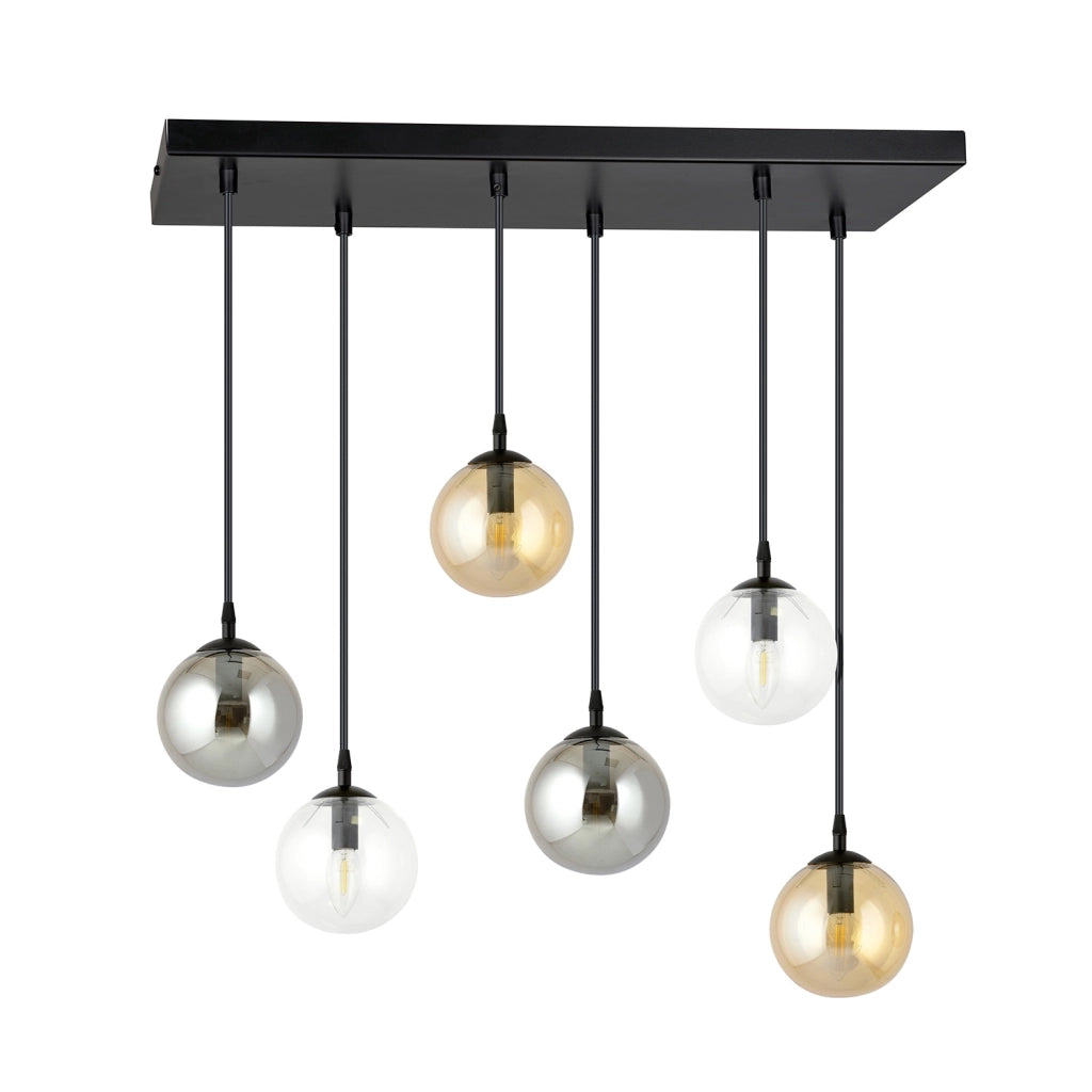 Sospensione Moderna 6 Luci Yudi Acciaio Nero E Sfere In Vetro Multicolor
