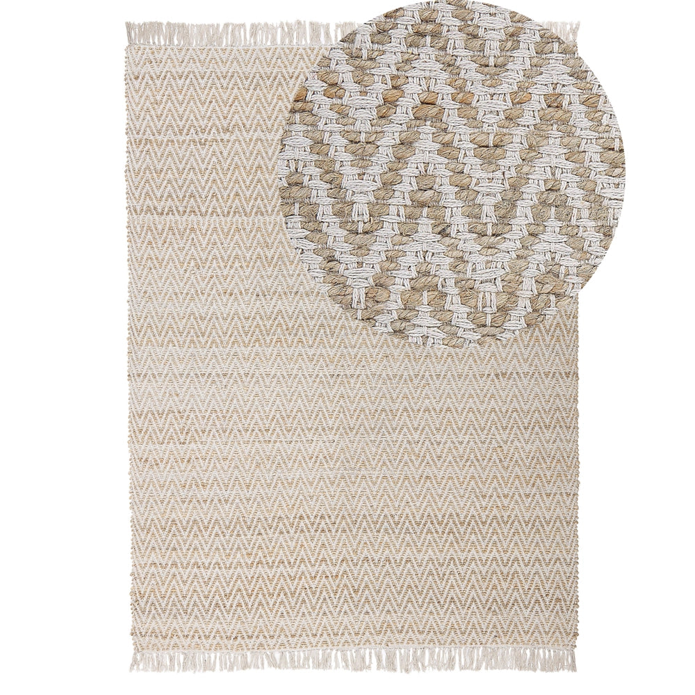 Tappeto in juta beige e cotone 140 x 200 cm intrecciato a mano con frange Boho soggiorno camera da letto