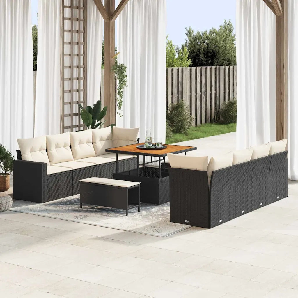 Set Divano da Giardino 12 pcs Nero e Crema polyrattan