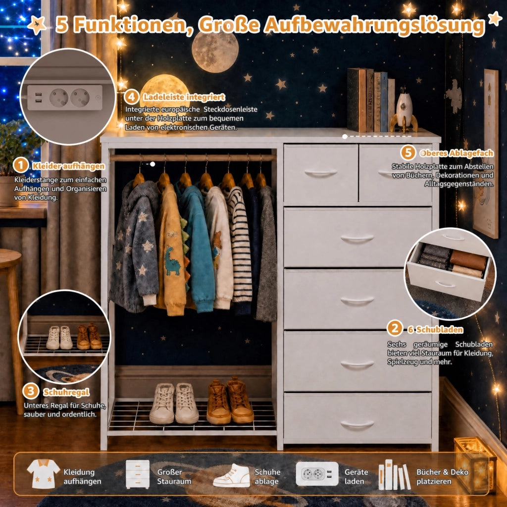 Armadio per bambini multifunzione con 6 cassetti in tessuto; asta appendiabiti; presa e ripiano; bianco