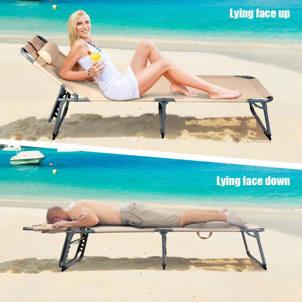 Sedia a Sdraio Pieghevole con Foro di Lettura, Lettino da Sole Reclinabile Ergonomia Cuscino Rimovibile 5 Posizioni Regolabili, Lettino da Giardino, Beige, 194x60x36 cm