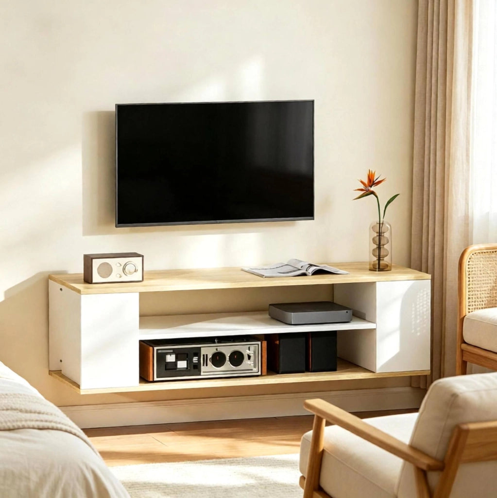 Mobile TV con ruote o montaggio a parete, 120 cm, bianco/naturale