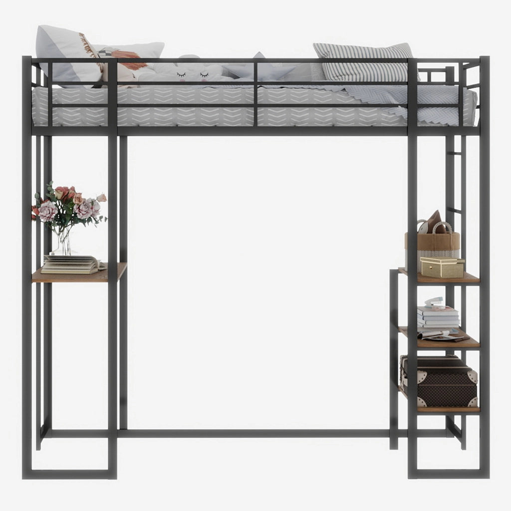Letto a castello in ferro nero con parapetto e scala 90x190 cm