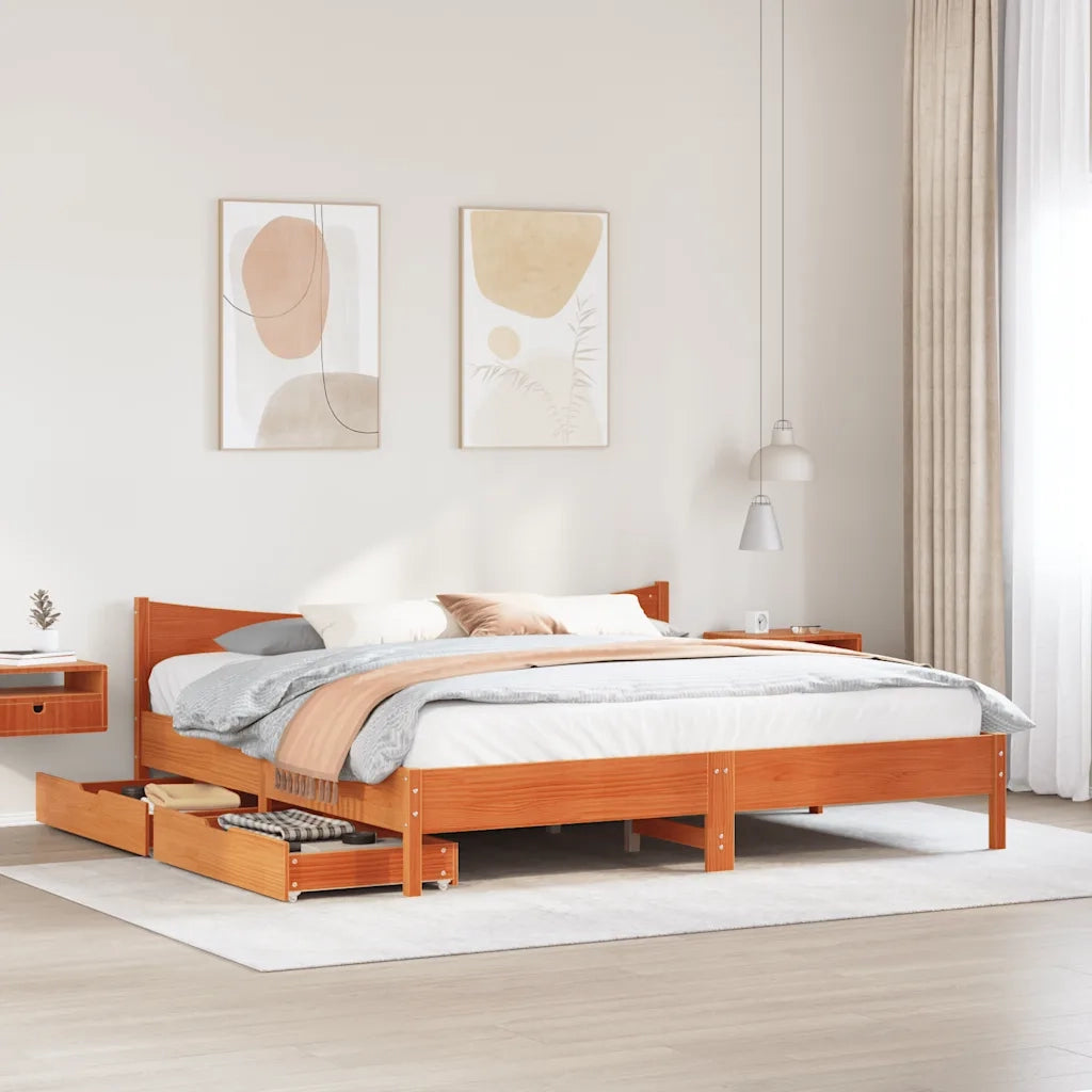 Letto matrimoniale | Letto per adulti | Giroletto con Cassetti Marrone Cera 180x200 Legno Massello Pino