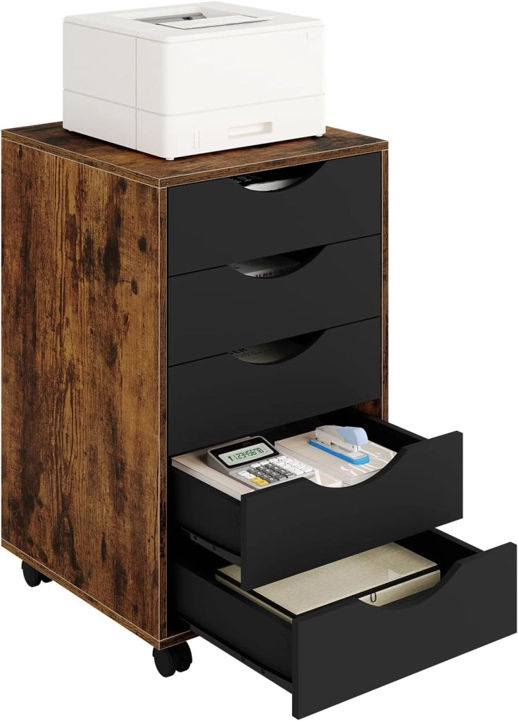Scrivania a Piedistallo con 5 Cassetti, Schedario Rotante, Comodino, Mobile per Ufficio, Camera da Letto, in Legno Ingegnerizzato PB, Marrone Rustico, 40x40x66,5cm
