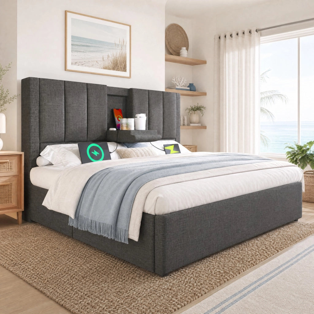 Letto imbottito 140x190 cm con contenitore, porta bicchieri nascosto e stazione di ricarica, grigio