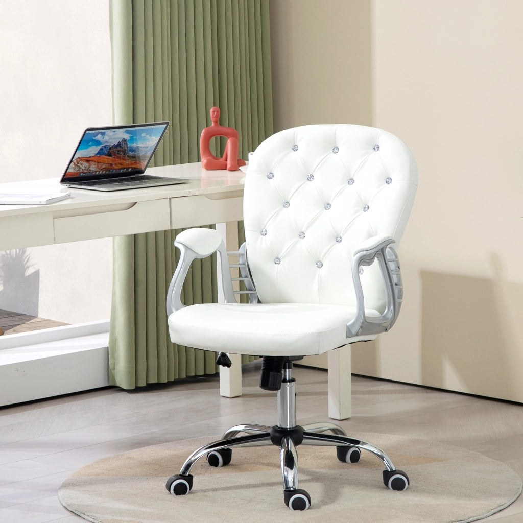 Sedia da ufficio ergonomica per scrivania in similpelle bianca con braccioli e schienale imbottito, design moderno per studio e casa