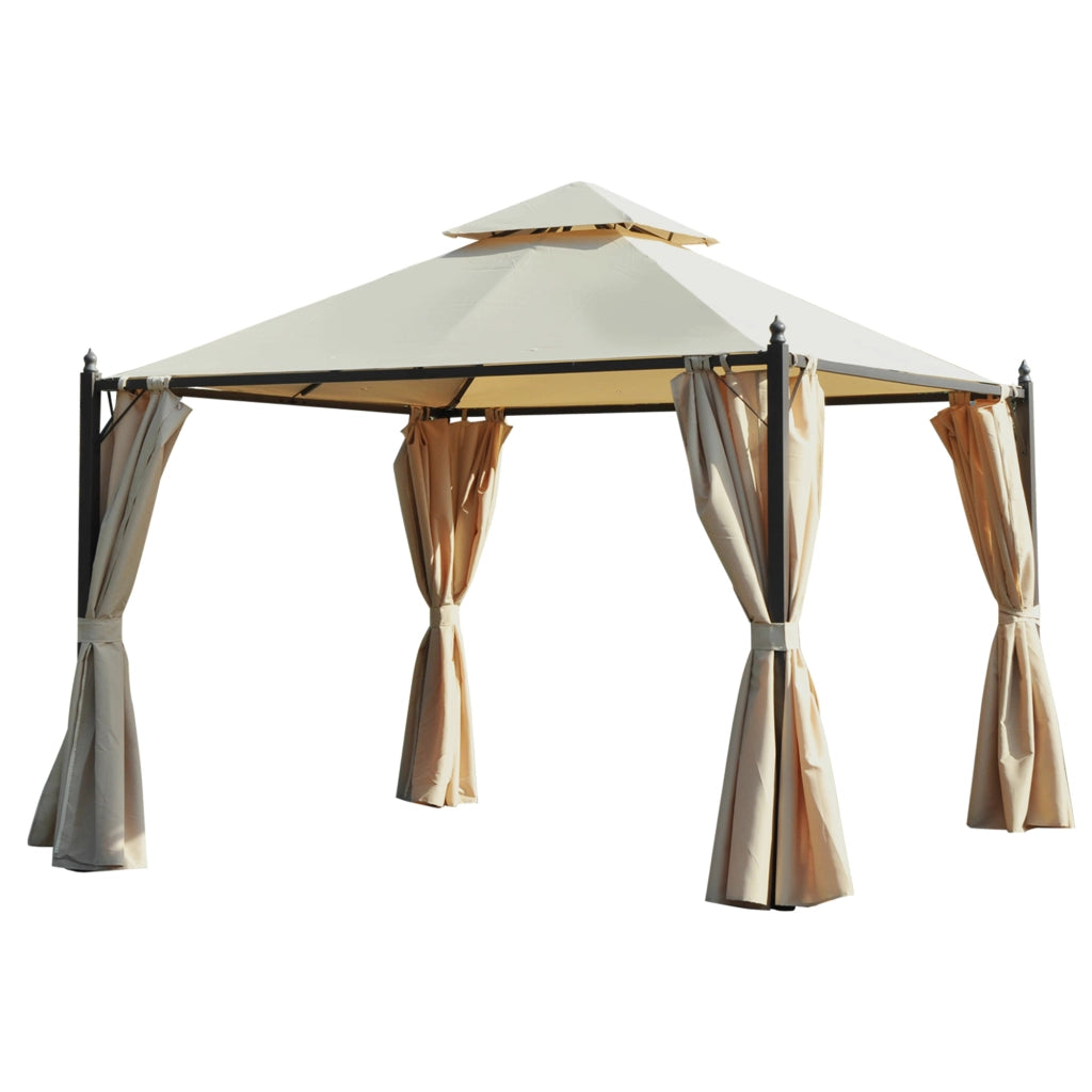 Gazebo da Giardino 3 x 3m con 4 Tende Laterali e Doppio Tetto Beige