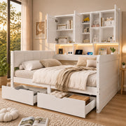 Letto per bambini 90x200 cm con LED e USB, letto a divano a L con testiera in PU, cassetti contenitore, ripiani e armadio, legno bianco