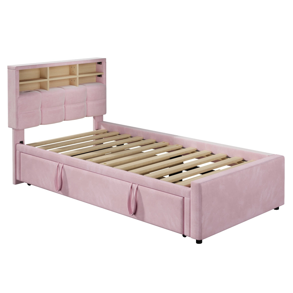 Letto singolo 90x200 cm rosa in velluto con letto estraibile per ospiti e prese USB