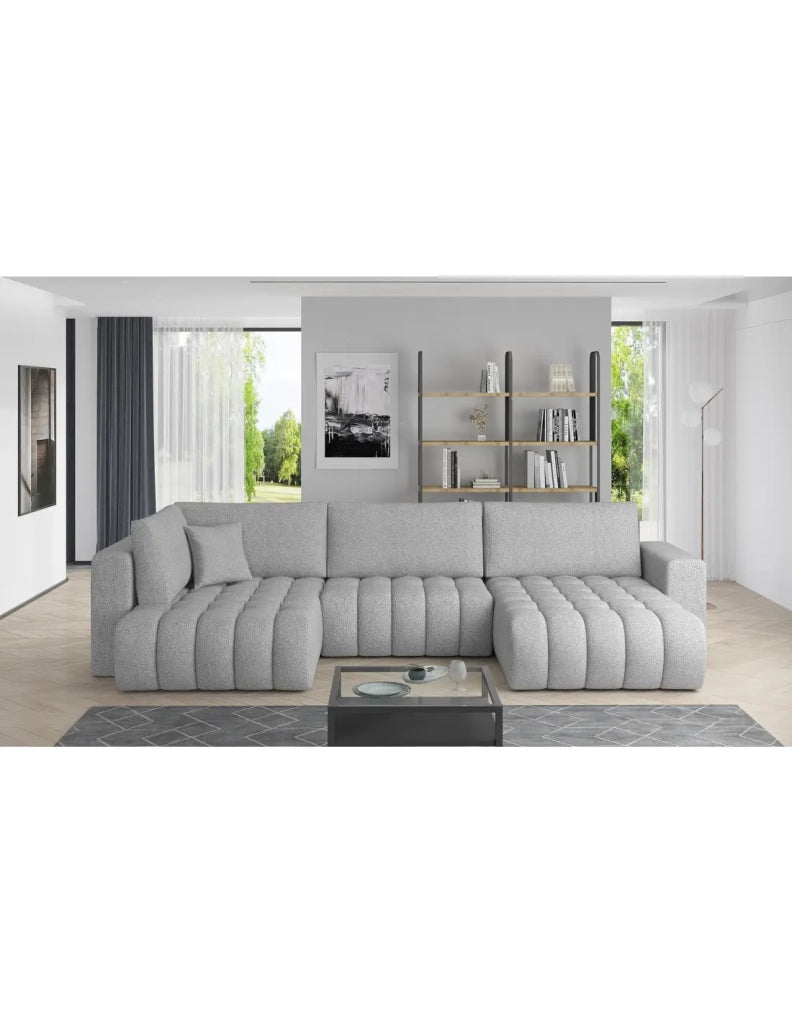 Divano ad angolo BONITA convertibile 6 posti grigio chiaro tessuto chenille – lato destro – 350x175cm