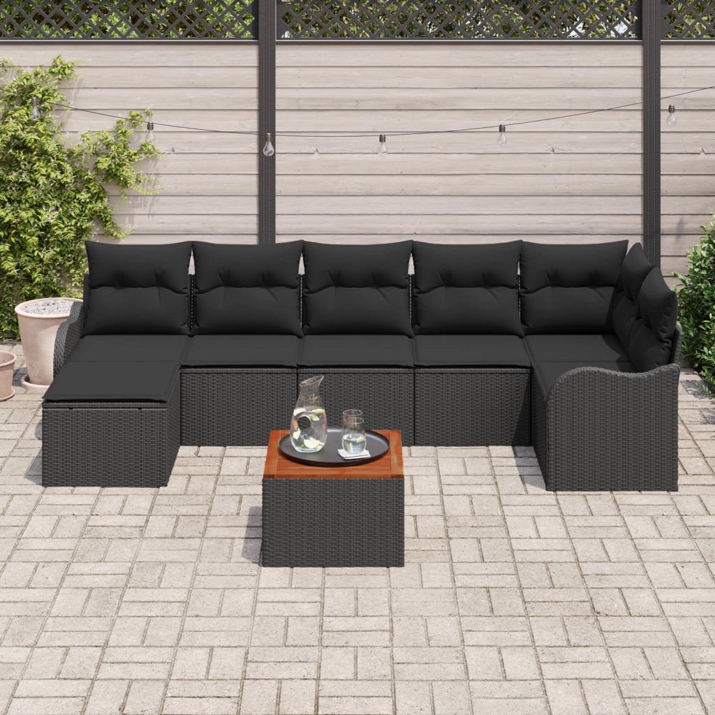 Set di divani da giardino a 8 pezzi  con cuscini in rattan nero e acacia