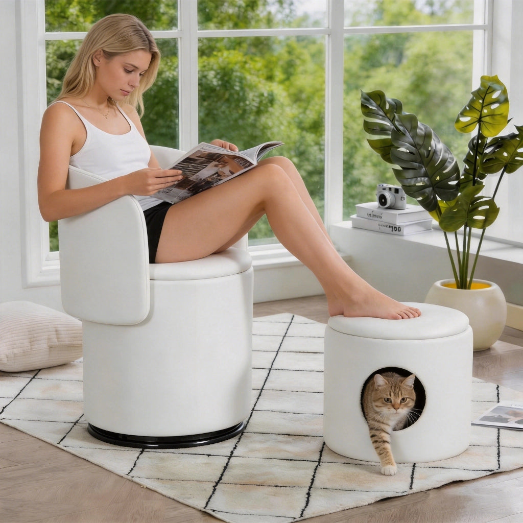 Sgabello girevole 360 gradi imbottito con contenitore e seduta morbida, per trucco e sala da pranzo in velluto bianco