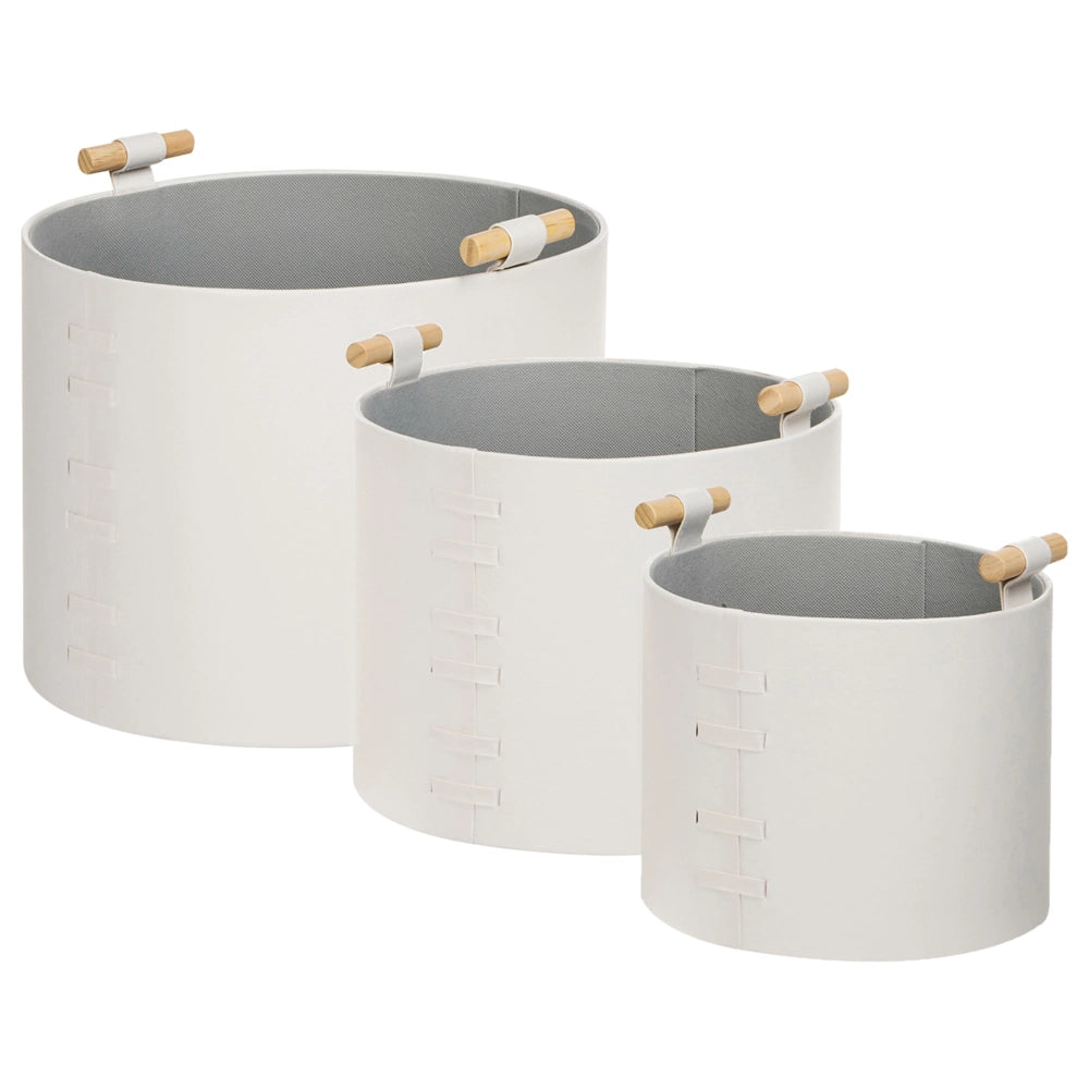 Set di 3 cesti portaoggetti fatti a mano con manici in ecopelle bianco sporco