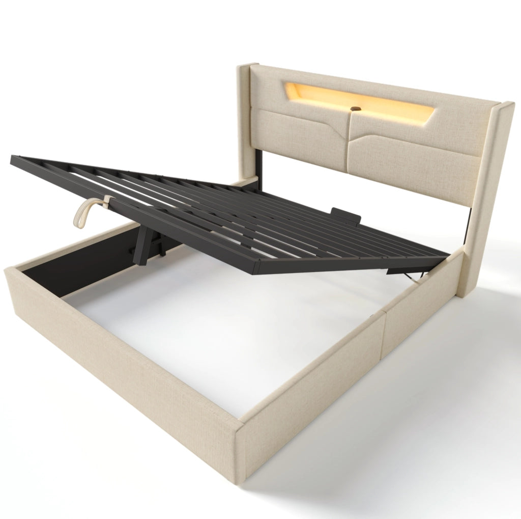 Letto 160x200 cm con contenitore; LED e USB in lino beige