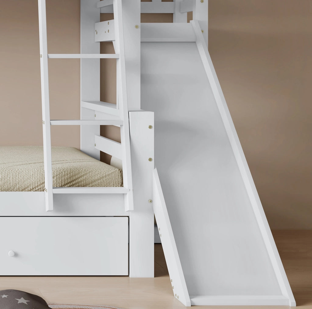 Letto a castello con finestra decorativa, scivolo, scala a 4 gradini e 2 cassetti