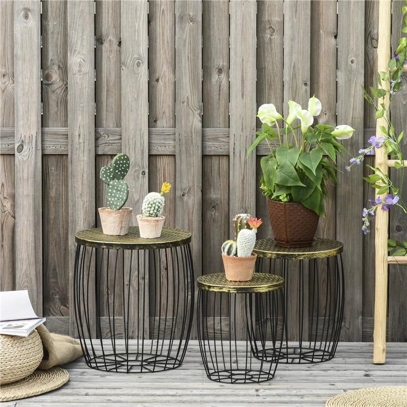 SET DI 3 TAVOLINI DA GIARDINO IN STILE INDUSTRIALE DI METALLO NERO