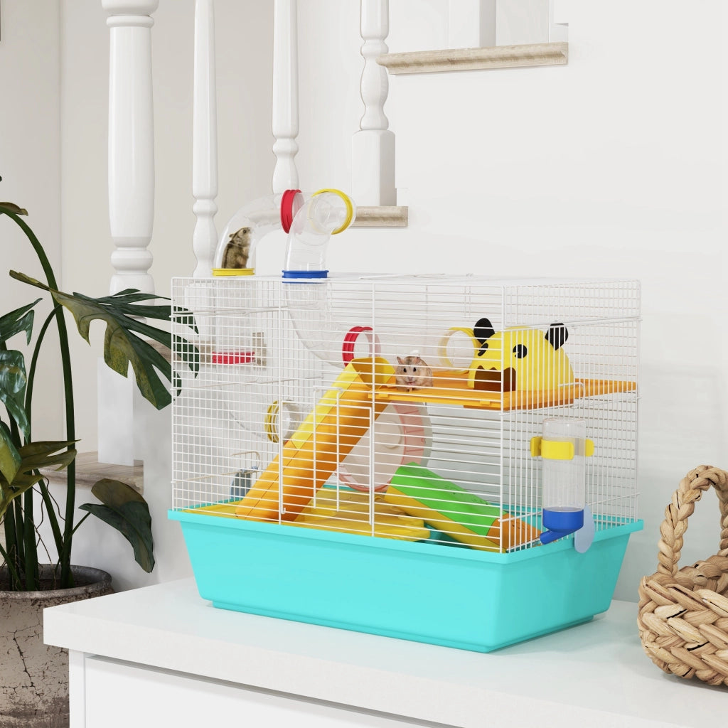 Casetta per Criceti con Ruota, Ciotola e Rampe ¨C zephmum ¨C 45x28x37 cm Bianco Azzurro