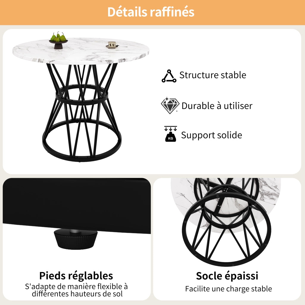 Tavolo da pranzo rotondo con 4 sedie, piano effetto marmo, gambe in metallo, per cucina e sala da pranzo, 100 cm