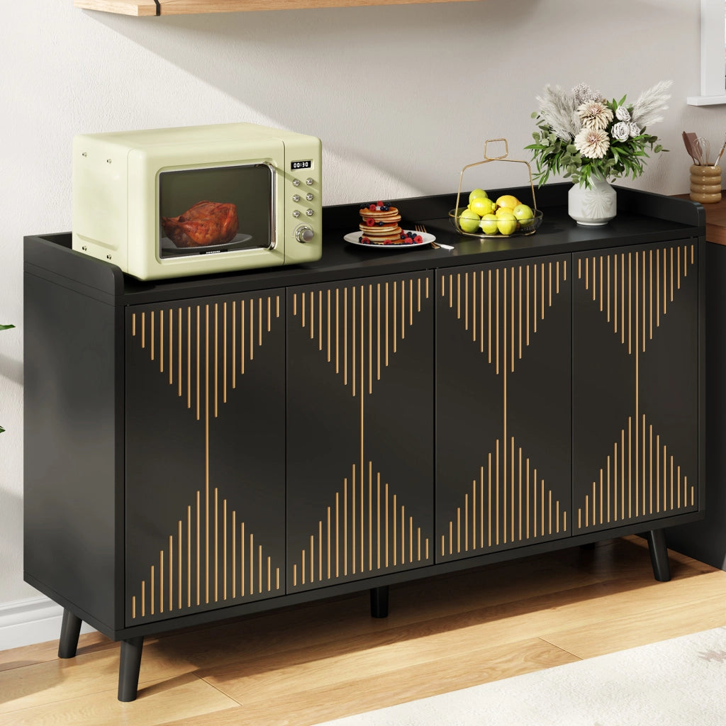 Credenza moderna a 4 ante con ripiani regolabili, buffet da cucina e soggiorno in MDF nero 140 x 40 x 84 cm