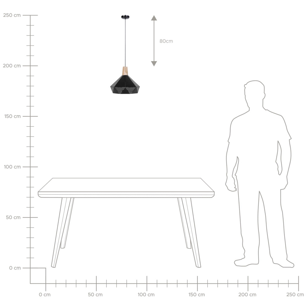 Lampada a Sospensione Colore Nero Metallo Quercia Elemento Legno Forma Geometrica Moderna