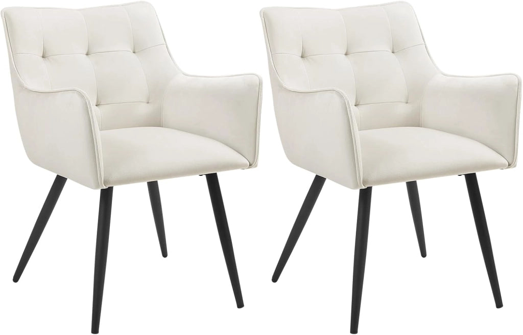 Set di 2 Sedie da Pranzo Moderne, Sedie da Cucina con Schienale e Braccioli, Poltroncine Imbottite con Gambe in Metallo, per Salotto, Ufficio e Cameretta, in Velluto, Crema, BH374cm-2