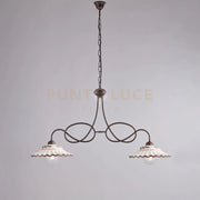 Lampadario in ferro laccato nero e decorazione effetto ruggine con diffusori in ceramica diametro 30 bianco e marrone 2 luci