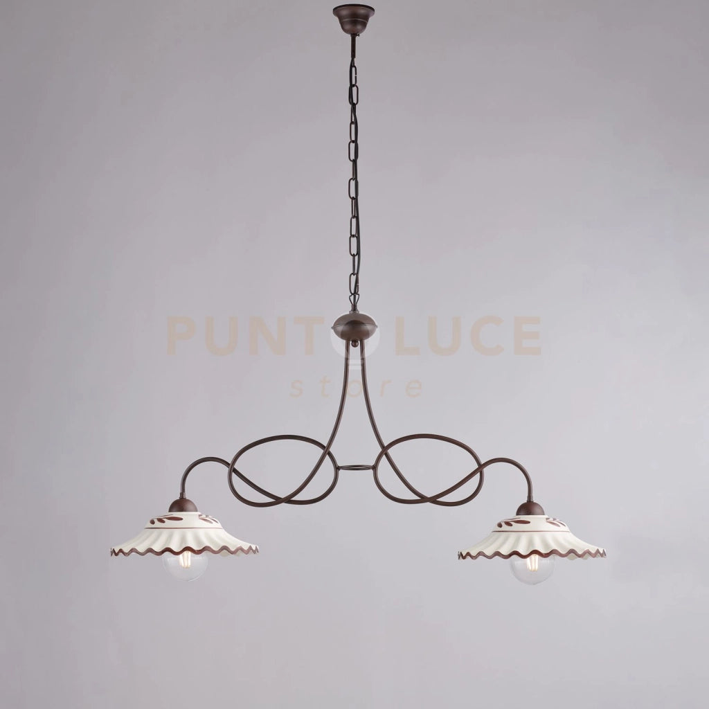 Lampadario in ferro laccato nero e decorazione effetto ruggine con diffusori in ceramica diametro 30 bianco e marrone 2 luci