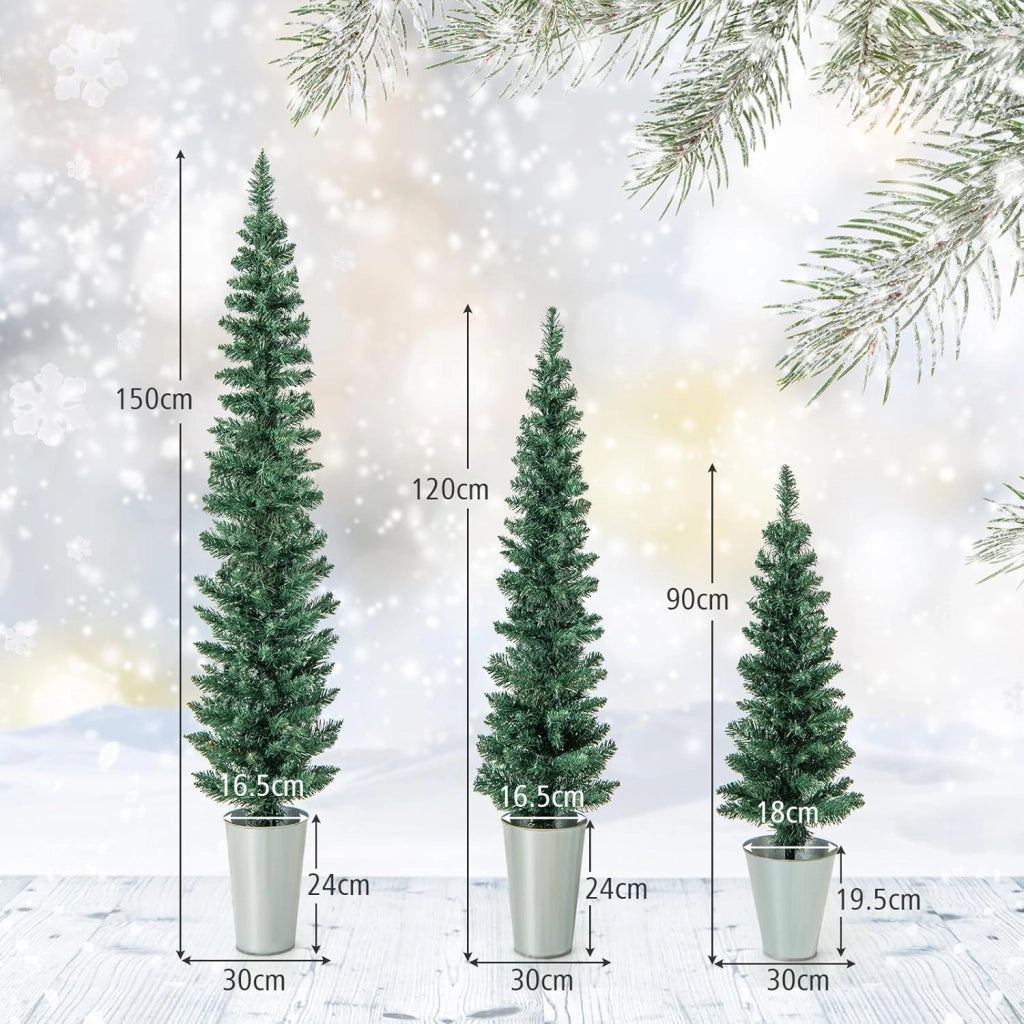 Set di 3 Albero di Natale Artificiale in Vaso con Alberi Finti da 90/120/150 cm, Alberi di Natale Sottili a Matita con Secchi in Metallo Argentato, Decorazione Festiva (Verde)