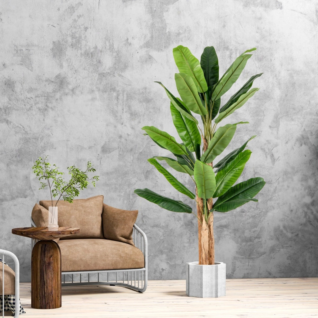 Albero di banana finto con grandi foglie e vaso, Albero di banana artificiale con corteccia naturale alto 195 cm-Piante artificiali