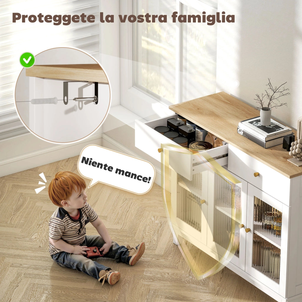 Credenza Cucina Mobile Buffet Ante in Vetro 100x35x80.3cm Bianco e Rovere