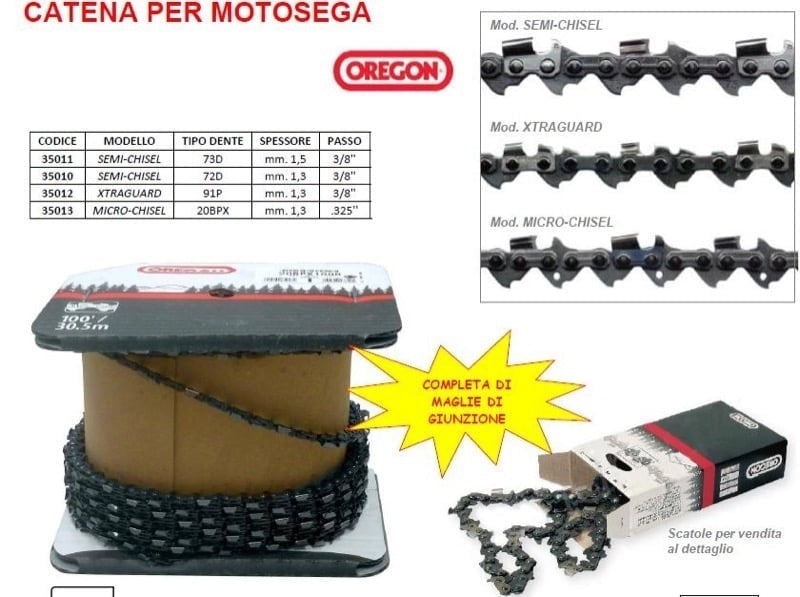 CATENA PER MOTOSEGA IN ROTOLO DA 30 MT TIPO 91P - SPESSORE mm. 1,3 - PASSO 3/8''