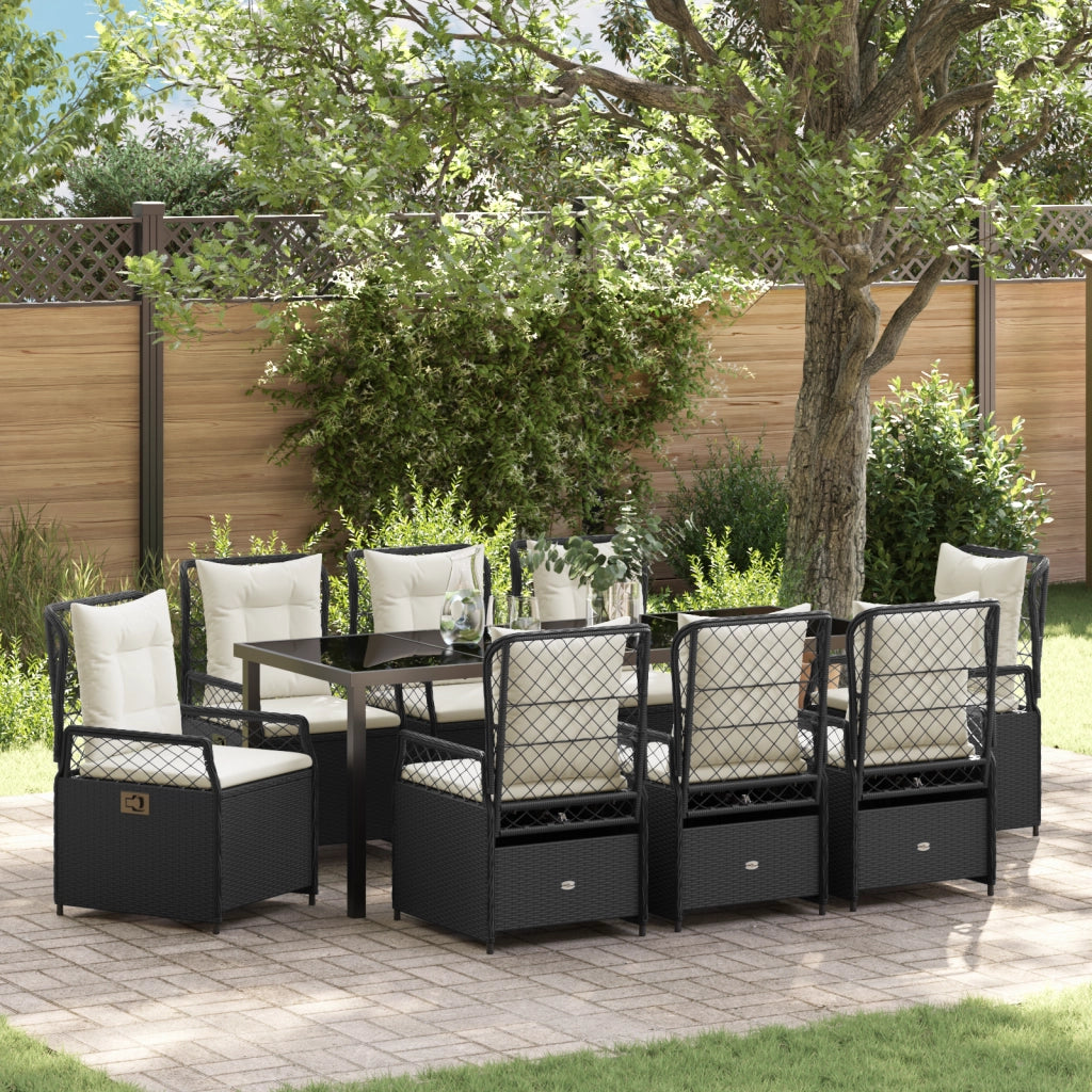 Set da Pranzo da Giardino da 9 Pezzi Nero Polyrattan