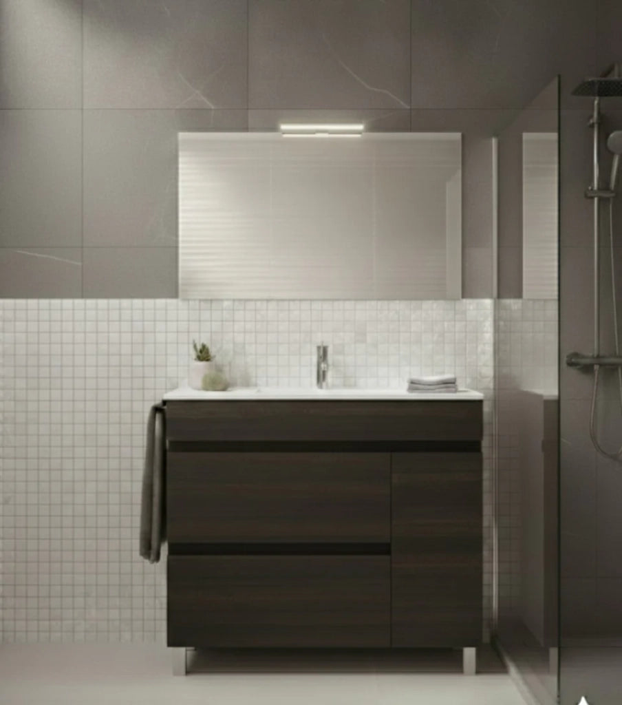 Mobile Bagno FENRIR Già Montato 2 cassetti e porta con piedini, lavabo e specchio Frassino tea 90x40 cm