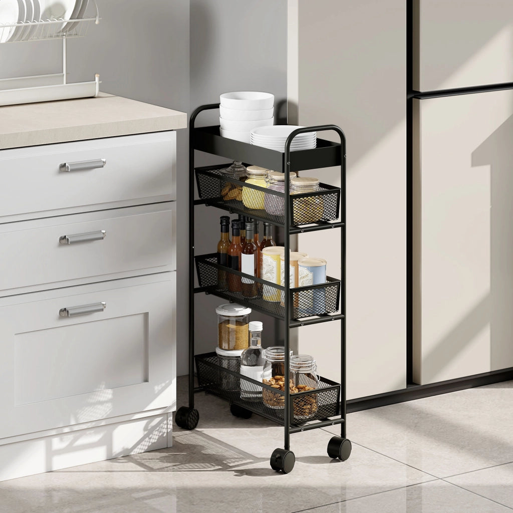 Carrello a 4 livelli con 3 cesti scorrevoli ¨C zephmum ¨C nero 80x43.2x19 cm