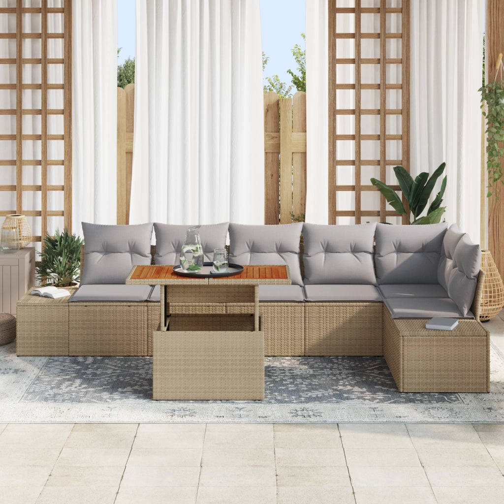 Set da Pranzo da Giardino 7 Pezzi con Cuscini Beige Polyrattan Acacia