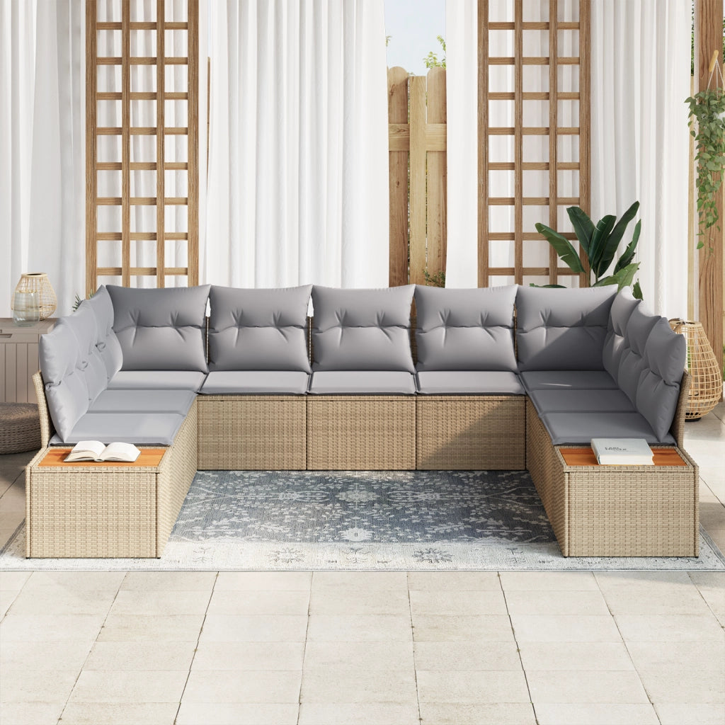 Set di Divani da Giardino con Cuscini Beige in Rattan PE e Acacia