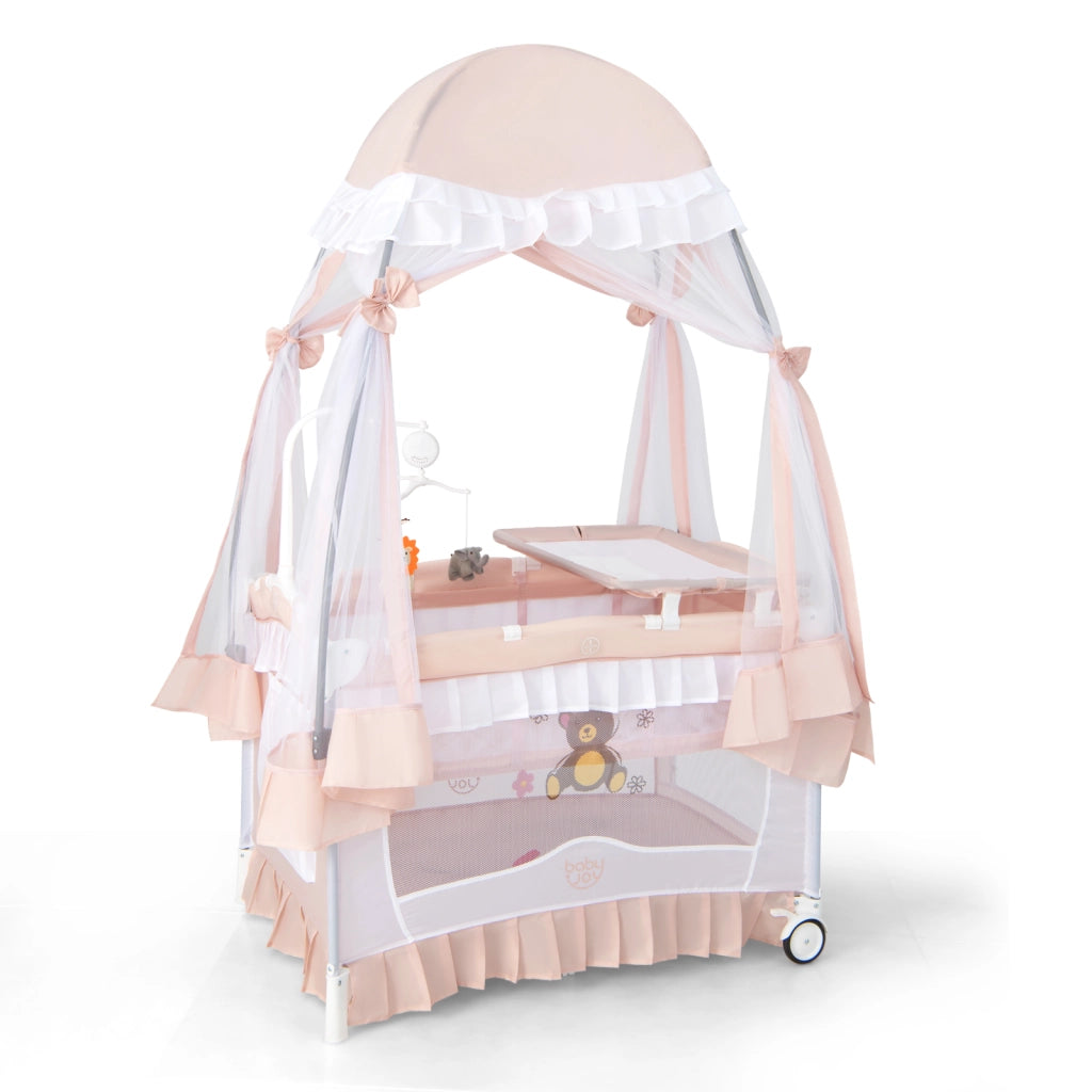 Culla neonati 4 in 1 convertibile fasciatoio zanzariera rimovibile-Lettino viaggio pieghevole ruote carillon borsa Rosa