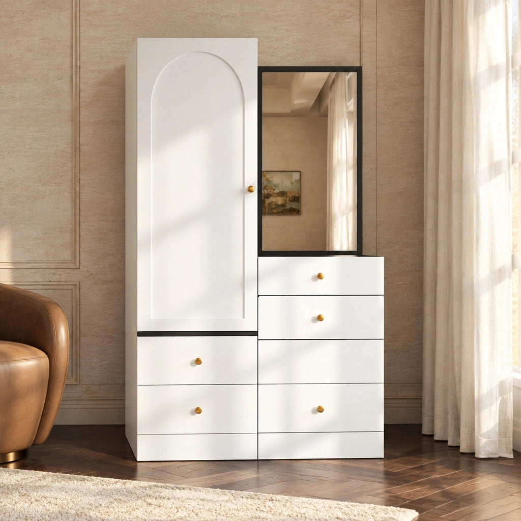 Armadio guardaroba con specchio a figura intera e sgabello estraibile 90x50,5x160 cm HAVRYA