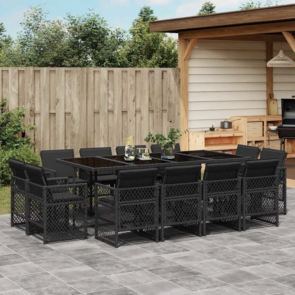Set da Pranzo da Giardino 13pz con Cuscini Nero in Polyrattan