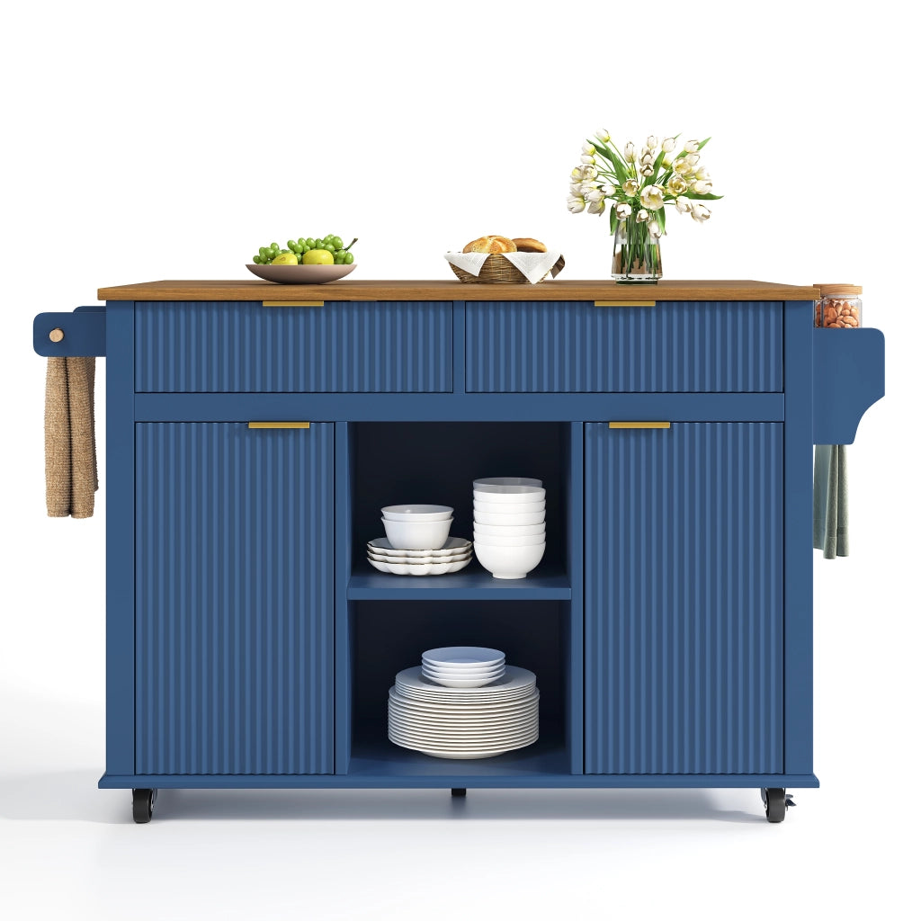 Isola da cucina su ruote con piano ribaltabile, 2 cassetti, 2 ante e porta spezie, colore blu e legno