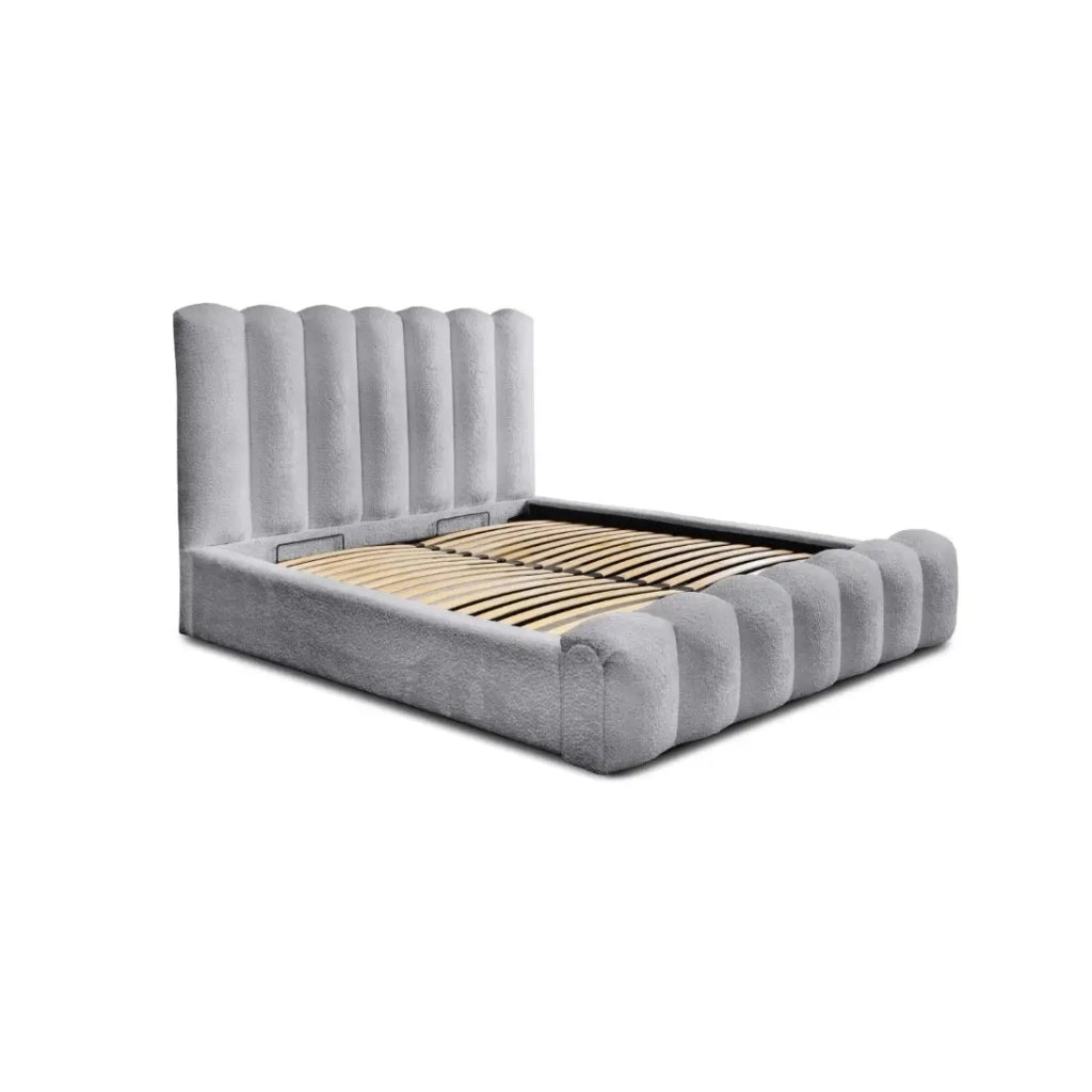 Letto con contenitore BADJA – Tessuto bouclé Perla d'alba – 140x200 cm – Rete sollevabile – Design di alta gamma