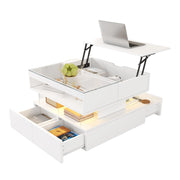 Tavolino da caffè 70x67x57 cm; piano sollevabile con LED a 16 colori; pannelli truciolari bianco