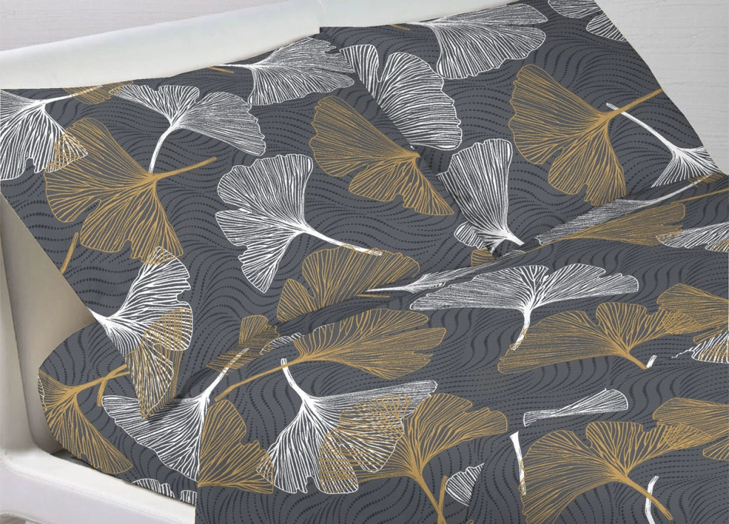 Completo Lenzuola Letto Morbida Flanella 100% Cotone Dis. Ginko - Piazza E Mezza - Giallo
