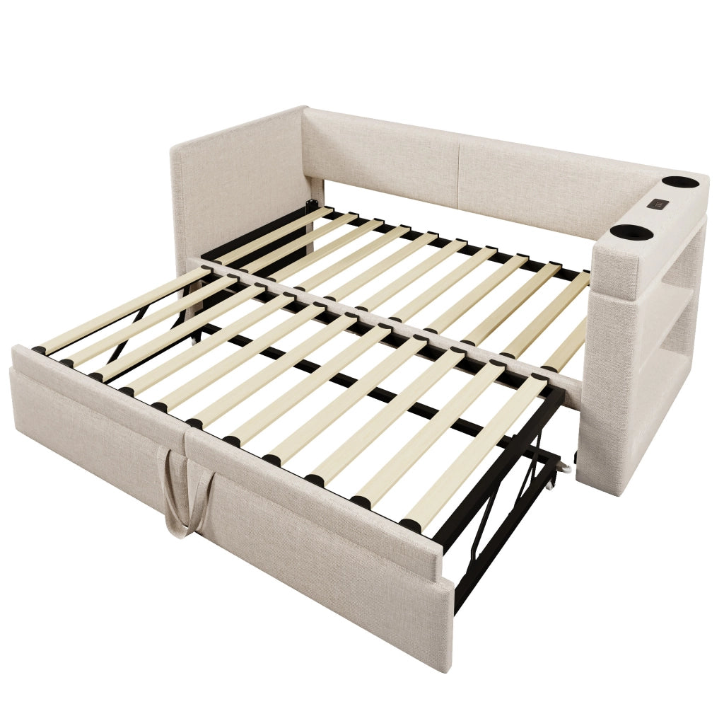 Divano letto 90x200 cm con letto estraibile e braccioli in cotone e lino beige