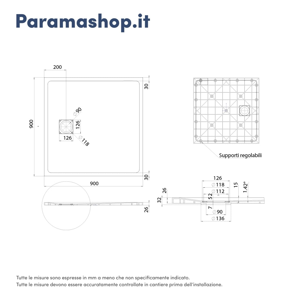 Piatto doccia 90x90 cm colore bianco effetto pietra | Samos