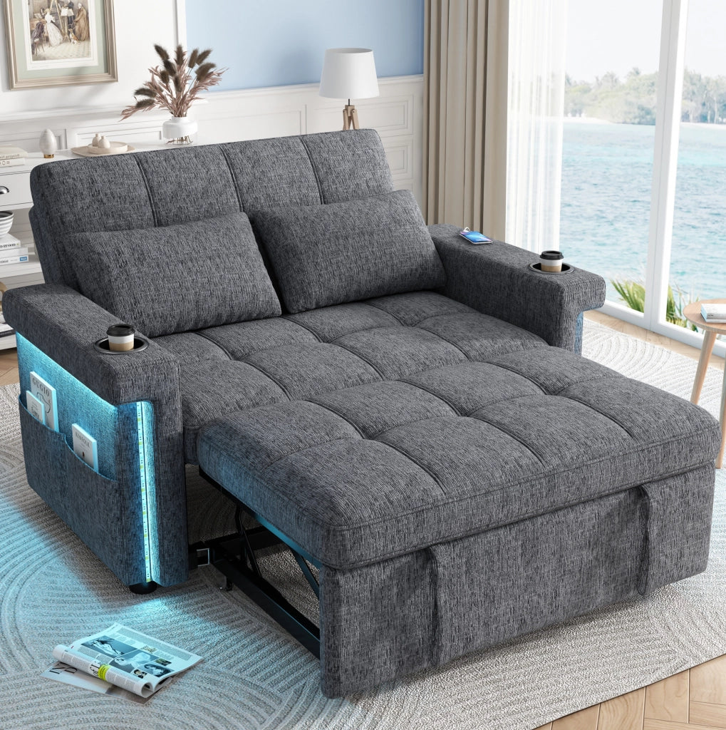 Divano letto 2 posti con LED; USB e Type-C; schienale regolabile; ciniglia grigio