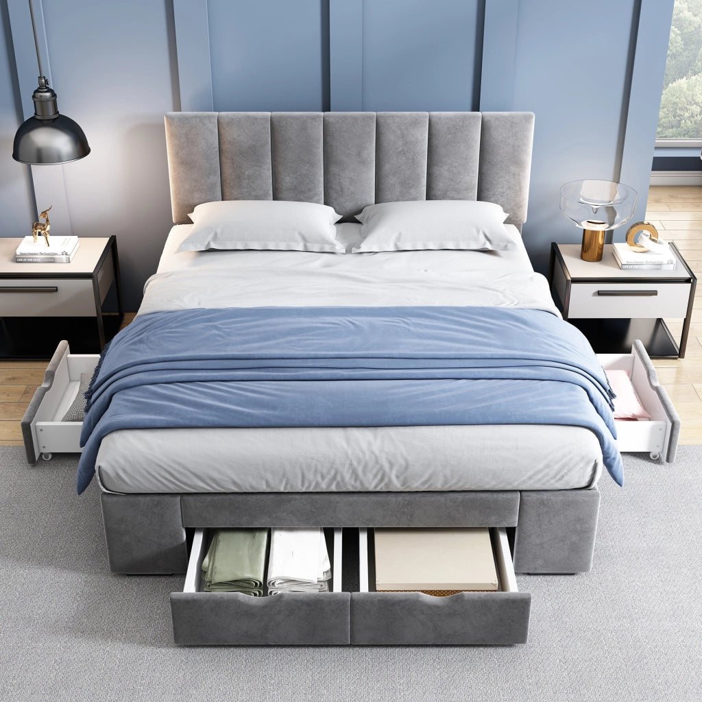 Letto imbottito 140x200 cm in velluto grigio con rete a doghe e 4 cassetti