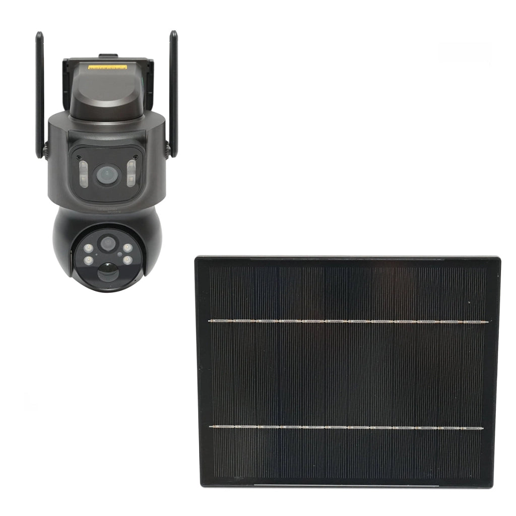 Telecamera di sorveglianza con lente doppia 4 MP, pannello solare 7.6W, batteria 18650 a ricarica rapida, WIFI 2.4 GHz, rotazione 360° PTZ con sensore di movimento, rilevamento umano PIR, allarme, visione notturna e applicazione iCSee